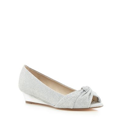 Debut Silver glittery knot peep toe low wedge shoes